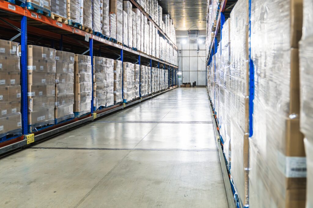 Palletized food ingredients stored in a commercial warehouse