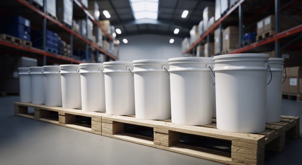 Food-grade pails on pallets representing fruit ingredient pack sizes and minimum orders