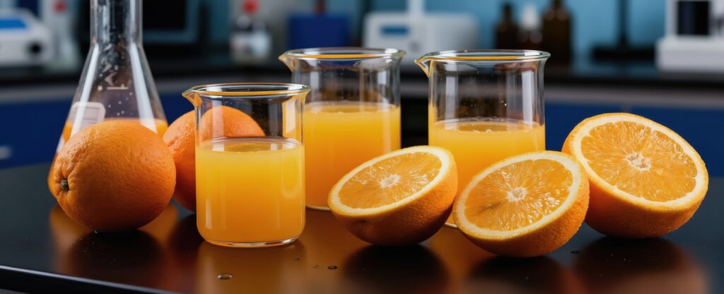 Orange juice samples in laboratory glassware being compared for color and appearance