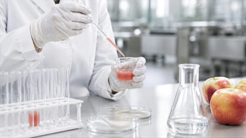 Laboratory technician performing microbiological testing on an apple ingredient sampleTitle: Fruit Ingredient Microbiological Testing