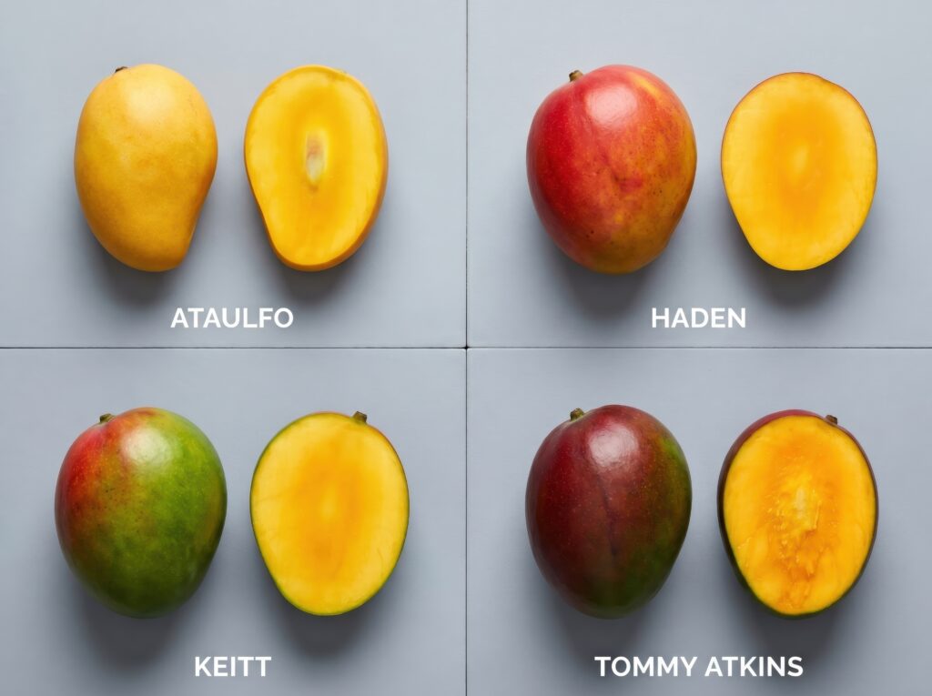 Ataulfo, Haden, Keitt, and Tommy Atkins mango varieties shown whole and cut
