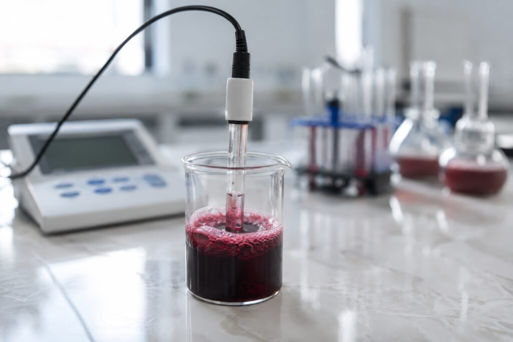 Digital pH probe measuring a dark fruit juice sample in a laboratory
