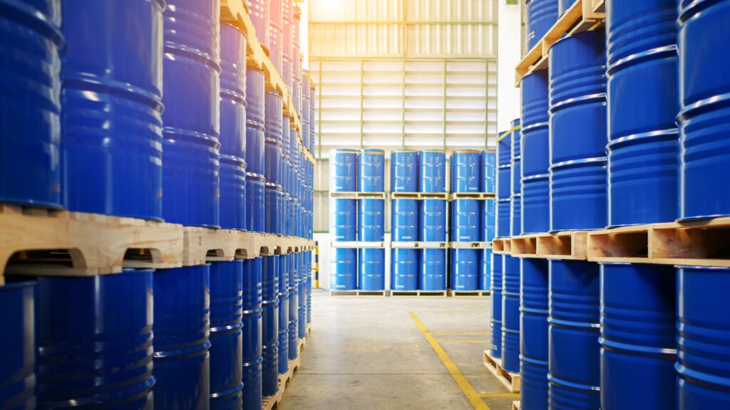 Commercial ingredient drums stored on pallets in a warehouse