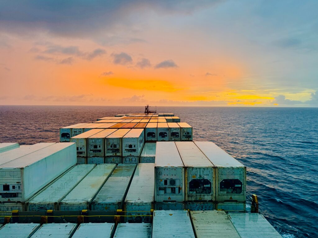 Refrigerated shipping containers aboard a cargo vessel during ocean transit