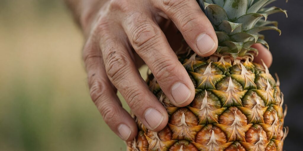 Close-up of a person holding a pineapple outdoors