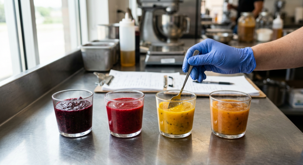 Gloved hand stirring a yellow fruit puree sample beside purple, red, and orange samples on a stainless steel counter