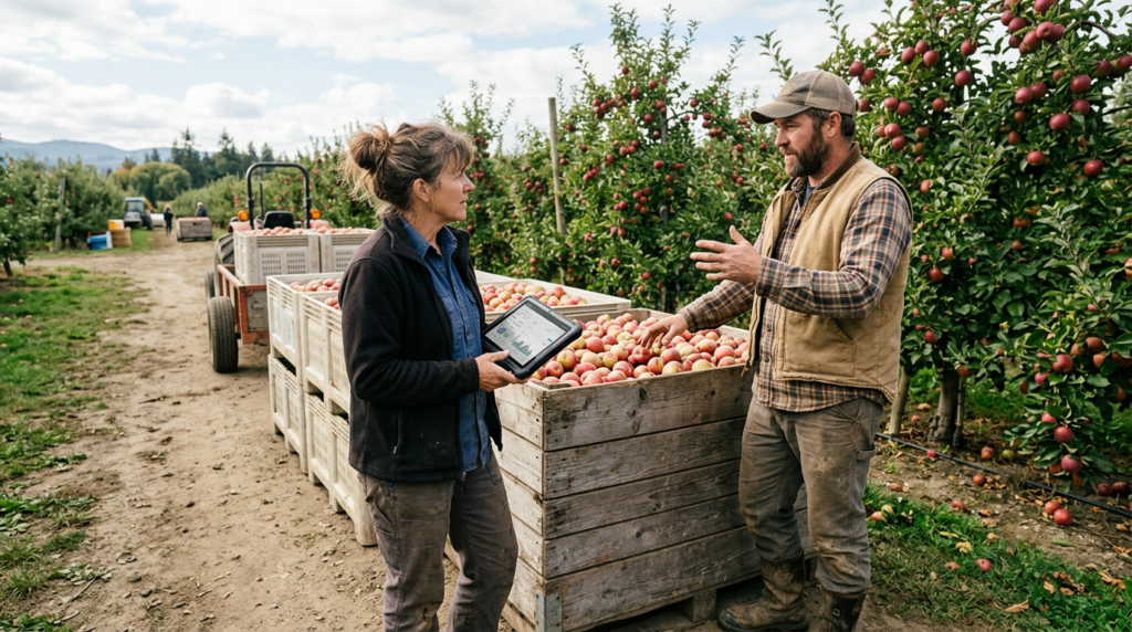 Two people discussing harvested apples beside bulk bins in an orchard, with one holding a tablet